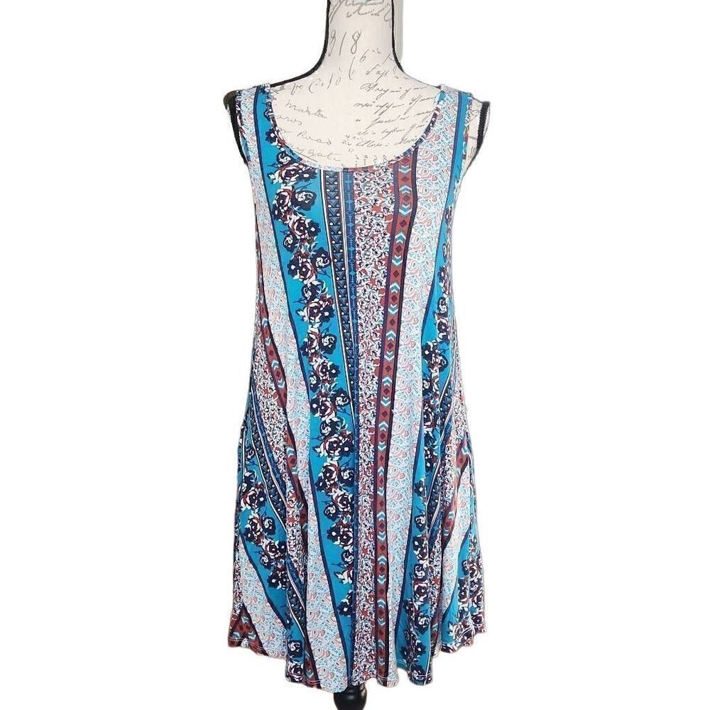 Vanity Ladies Size Medium Blue White Mixed Pattern Sleeveless Dress w/ Pockets